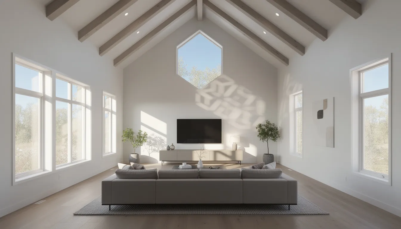 The image depicts a modern living room characterized by high vaulted ceilings and a striking hexagon window near the roofline, allowing natural light to flood the space. This unique window serves as a focal point, enhancing the room's elegance and providing an ideal solution for light control and energy efficiency.