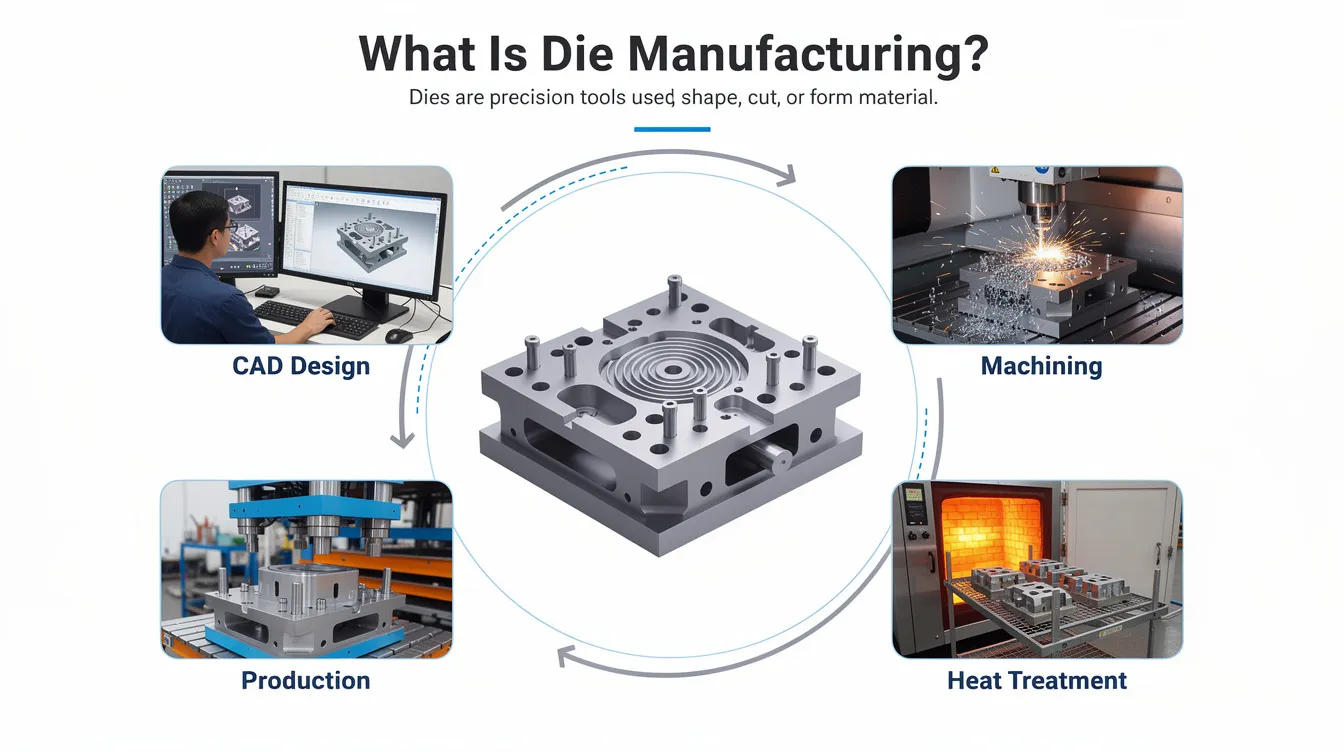 The image illustrates the die manufacturing process, showcasing various die components such as steel rule dies, male and female dies, and a die block used in manufacturing industries. It highlights how these specialized machine tools create complex metal forms, enabling the production of multiple identical dies for efficient metal stamping and forming functions.