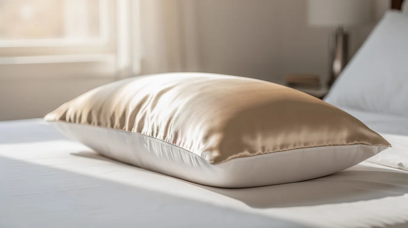A close-up view of a lustrous mulberry silk pillowcase draped over a white pillow, resting on a neatly made bed illuminated by soft morning light, showcasing the luxurious feel and quality of 100% pure silk. This elegant setup highlights the beauty benefits of silk pillowcases, such as reducing frizz and promoting glowing skin during sleep.