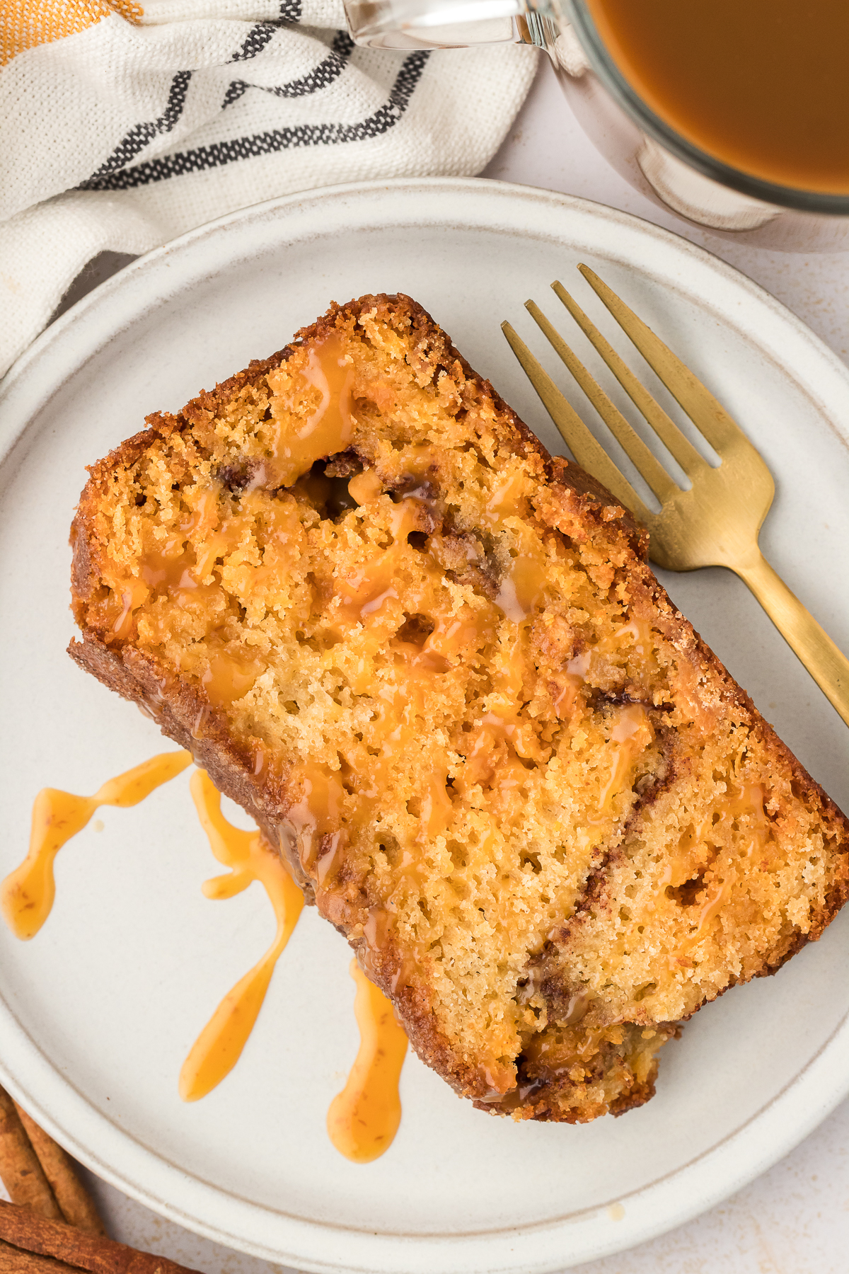 slice of butterscotch bread on a plate with a fork
