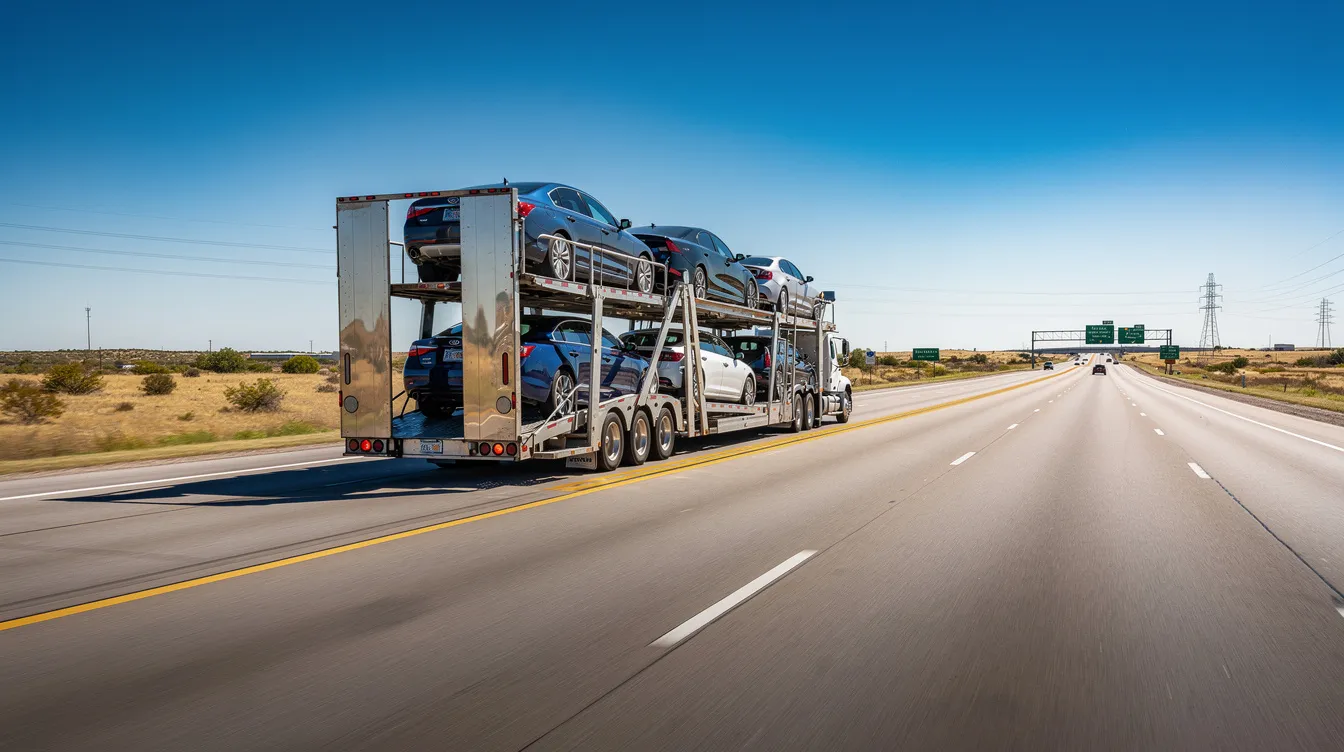 A multi-car carrier truck is driving along a wide Texas interstate highway under a clear blue sky, showcasing the vehicle transport services available for car shipping in San Antonio. This scene highlights the efficiency of auto transport companies as they navigate the open road, ready to deliver vehicles to various locations.
