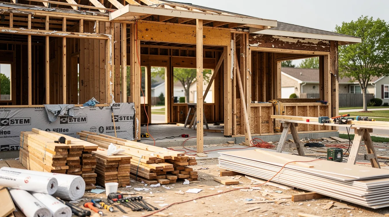 The image shows a residential house in the midst of renovation, with new wooden framing and various building materials scattered around, highlighting the construction process. This scene reflects the potential for real estate investment opportunities in the Pacific Northwest, particularly for investors looking to utilize hard money lending options for quick financing.