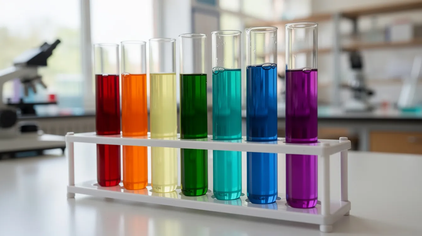 Na zdjęciu widoczne są kolorowe prob&oacute;wki z r&oacute;żnymi roztworami chemicznymi w laboratorium szkolnym, w odcieniach wskazujących r&oacute;żne odczyny, co może być użyteczne podczas test&oacute;w wodorotlenk&oacute;w i tlenk&oacute;w. Każda prob&oacute;wka reprezentuje inny odczyn, co może być pomocne w nauce chemii.