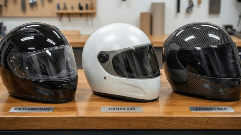 Comparison between polycrbonate, fiberglass, and carbon fiber helmets.