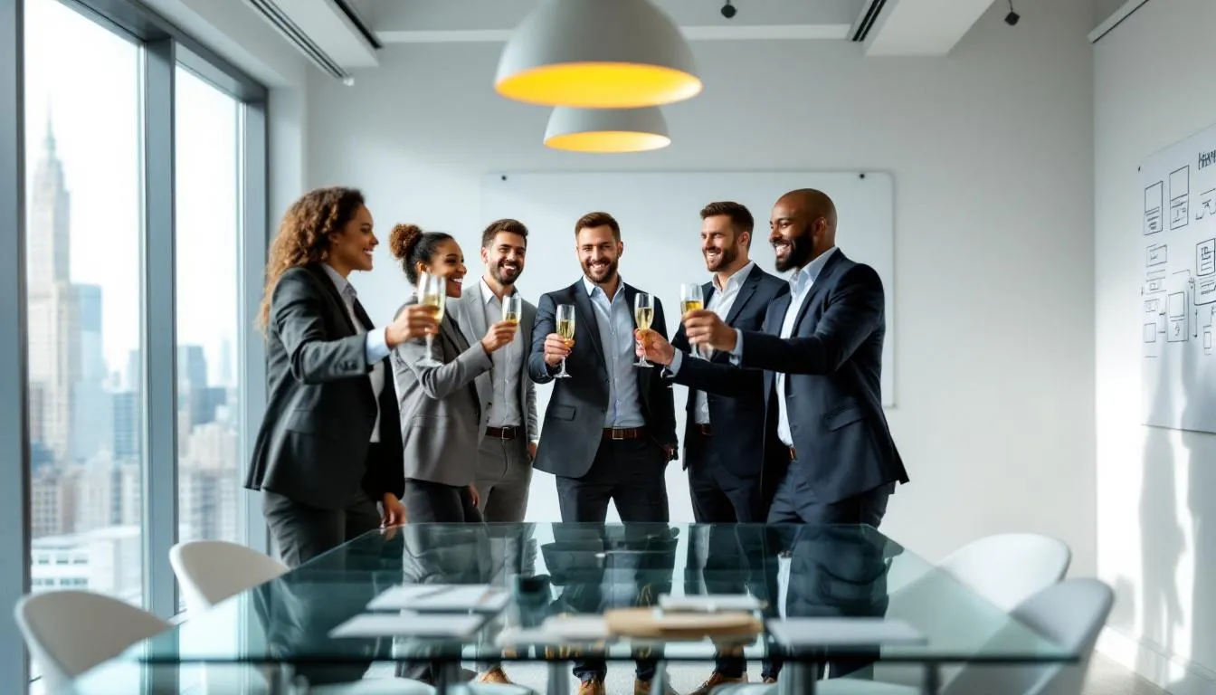 A marketing team is joyfully celebrating the successful launch of their latest campaign in a modern office, showcasing their collaborative efforts and strategic planning that led to this achievement. The atmosphere is filled with excitement as they reflect on their marketing strategy and the positive impact it has had on their brand recognition and audience engagement.