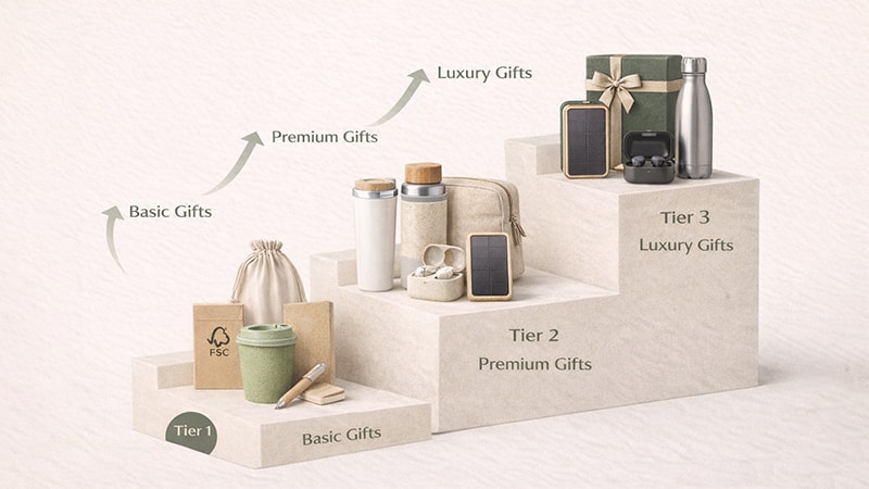 Tiered corporate gifting illustration showing basic, premium and luxury gift sets on three steps labeled Tier 1, Tier 2 and Tier 3