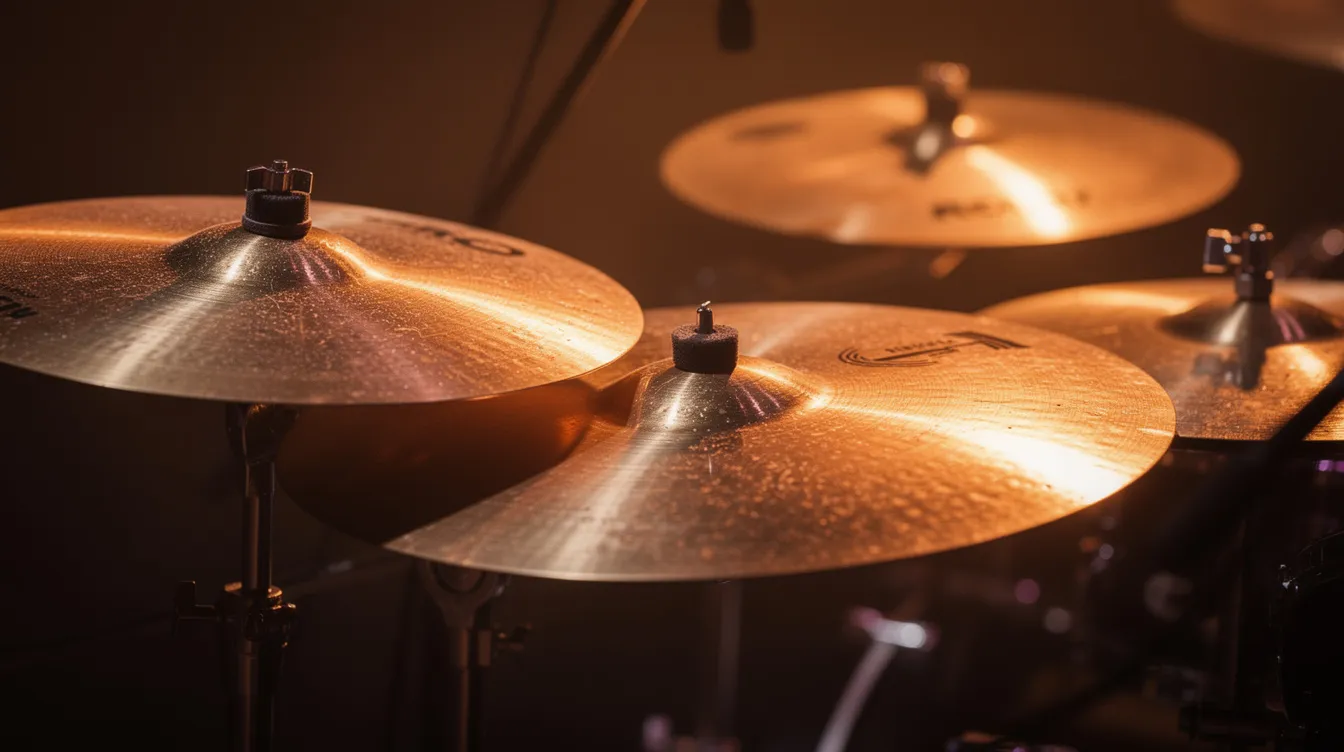 L'image montre un gros plan d'un set de cymbales de batteur, comprenant des cymbales hi-hat, crash et ride, éclairées par une lumière chaude de scène. Ce visuel met en avant la qualité des cymbales, essentielles pour tout batteur, qu'il soit débutant ou expérimenté, et souligne l'importance d'un bon choix pour une performance musicale réussie.