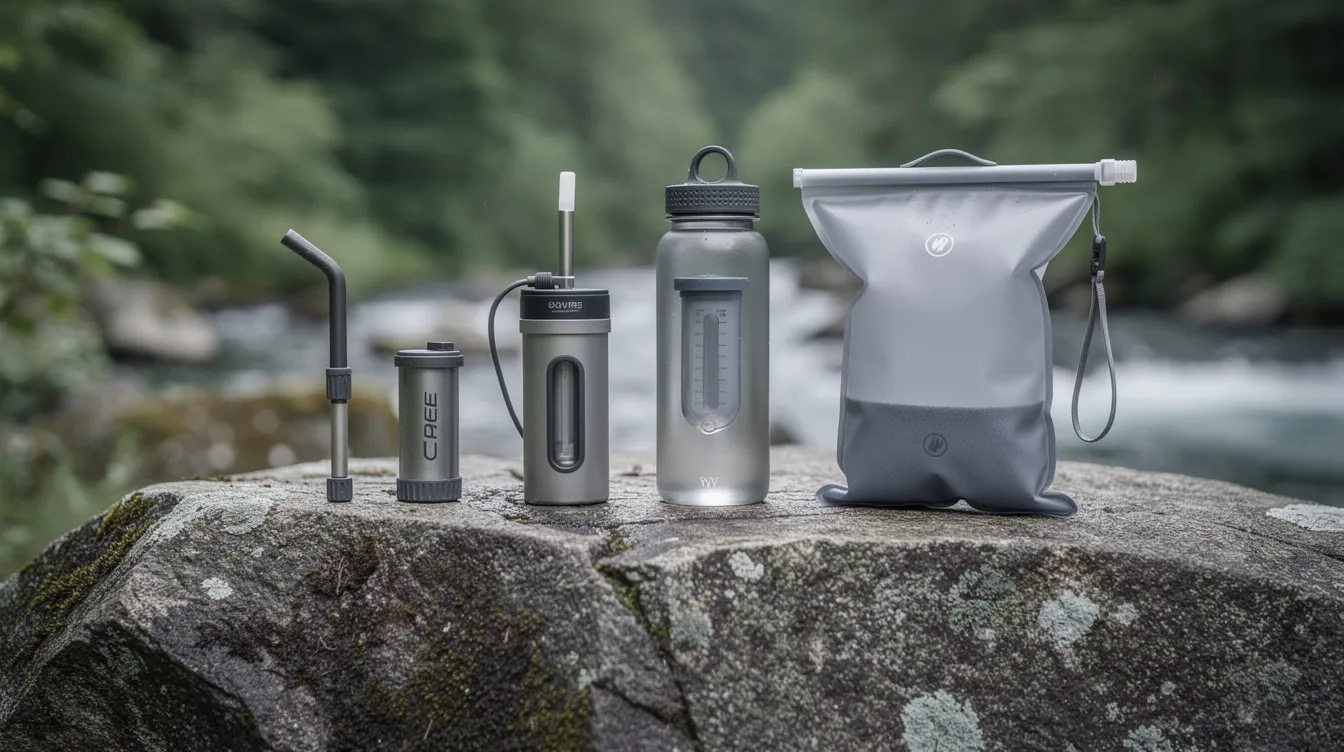 A collection of portable water filters and purifiers, including various models like the Lifestraw Peak and Sawyer filters, is artistically arranged on a rocky surface outdoors, showcasing their potential to effectively filter dirty water and provide drinkable water in nature. The scene highlights the importance of water purification systems for outdoor enthusiasts seeking safe hydration options.