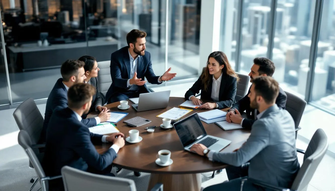 In einem modernen Büro diskutiert ein Team von Fachleuten aktiv über Strategien am runden Konferenztisch, während sie sich auf Themen wie Insourcing und Outsourcing konzentrieren, um die Effizienz ihres Unternehmens zu verbessern. Die Atmosphäre ist dynamisch und zeugt von einer engagierten Zusammenarbeit zur Optimierung von Prozessen und Dienstleistungen.