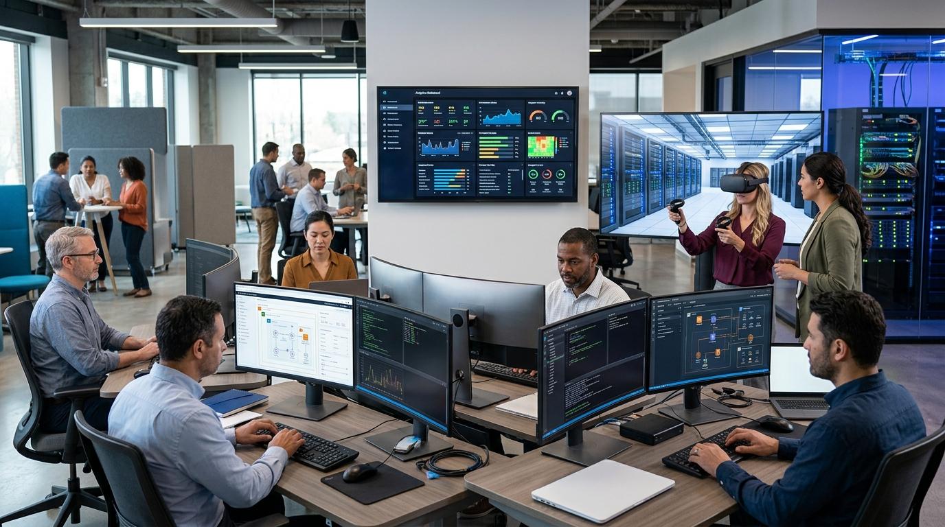Modern virtual training ecosystem featuring learners practicing in hands-on cloud labs, customizable virtual environments, real-time analytics dashboards, and scalable cloud infrastructure.