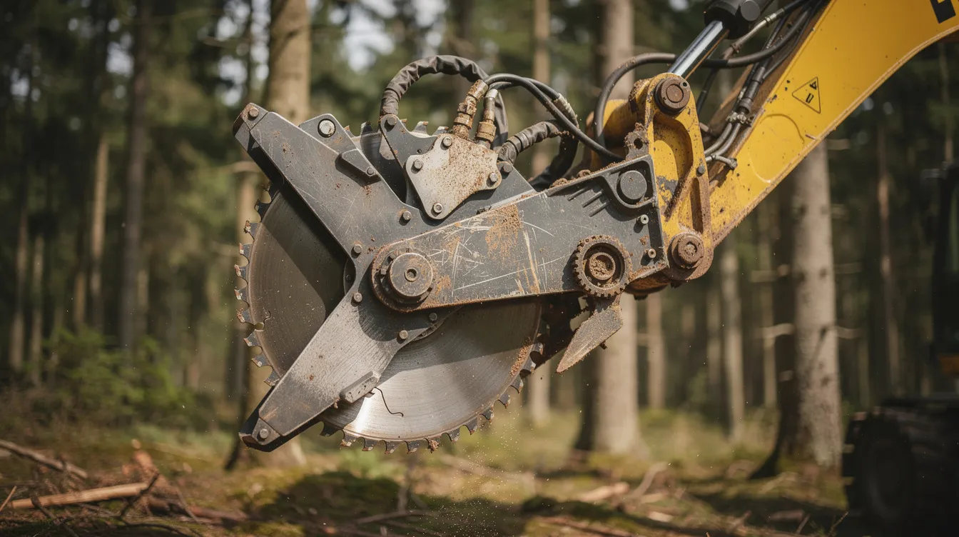 The image shows a close-up view of a large disc saw felling head, an essential component of a forestry machine, specifically designed for efficient cutting in the logging industry. This feller buncher attachment is mounted on a boom, showcasing its robust design for felling trees safely and effectively.