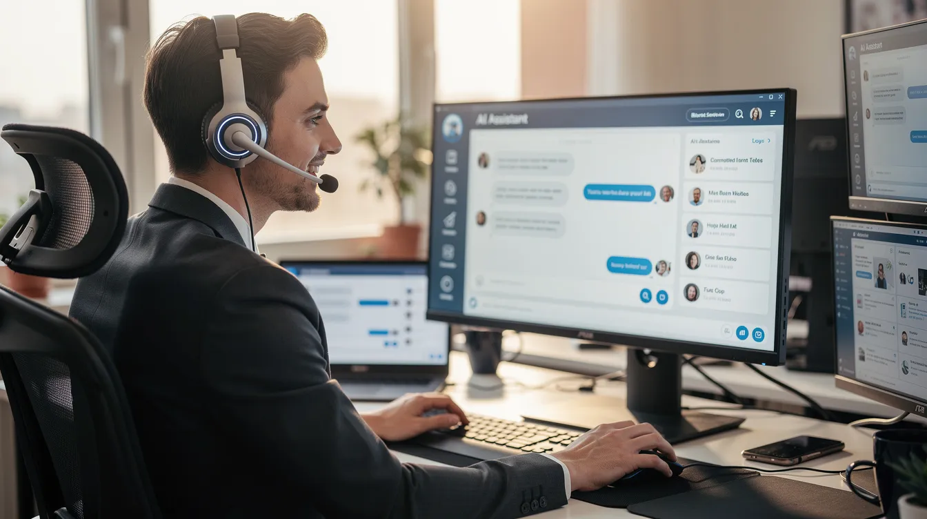 The image depicts a customer support professional wearing a headset, actively engaging with a digital assistant interface displayed on their screen. This scene highlights the integration of artificial intelligence tools in customer service roles, illustrating how AI systems are transforming the job market for white collar workers.