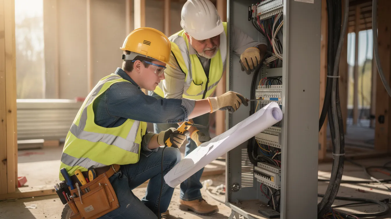 A young apprentice is skillfully using electrical tools under the watchful eye of an experienced mentor on a construction site, highlighting the importance of training programs and apprenticeship programs in the construction industry. This scene illustrates the commitment to workforce development and the cultivation of skilled workers who are prepared for future job opportunities.