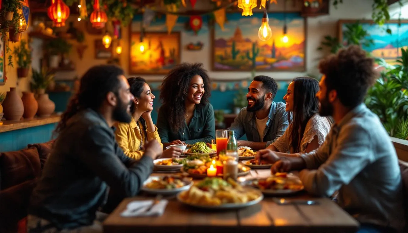 A group of diverse friends is enjoying a lively gathering at a vibrant Mexican restaurant adorned with traditional decorations, reflecting the rich cultural heritage of Mexico. The atmosphere is filled with laughter and the aroma of delicious Mexican cuisine, showcasing the warmth of socializing in a foreign country.