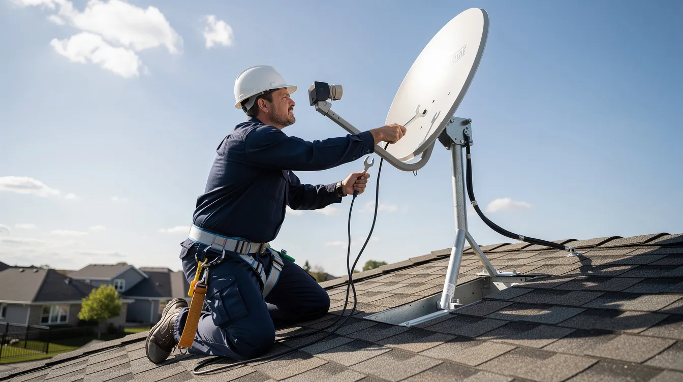 A professional technician is seen installing a satellite dish on a residential rooftop, ensuring proper alignment for optimal signal strength. This image highlights the importance of using accredited installers for DSTV installation services to guarantee a reliable home entertainment setup.