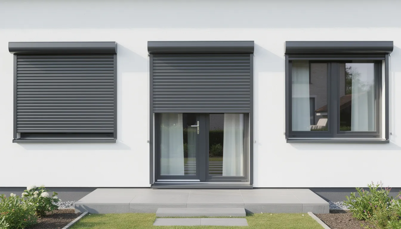 Een afbeelding van voorzet rolluiken die zijn gemonteerd op bestaande ramen, gemaakt van duurzaam aluminium met gesloten lamellen. Deze rolluiken bieden uitstekende isolatie en bescherming tegen schadelijke UV-straling, terwijl ze ook een stijlvolle zonwering en extra beveiliging tegen inbrekers bieden.