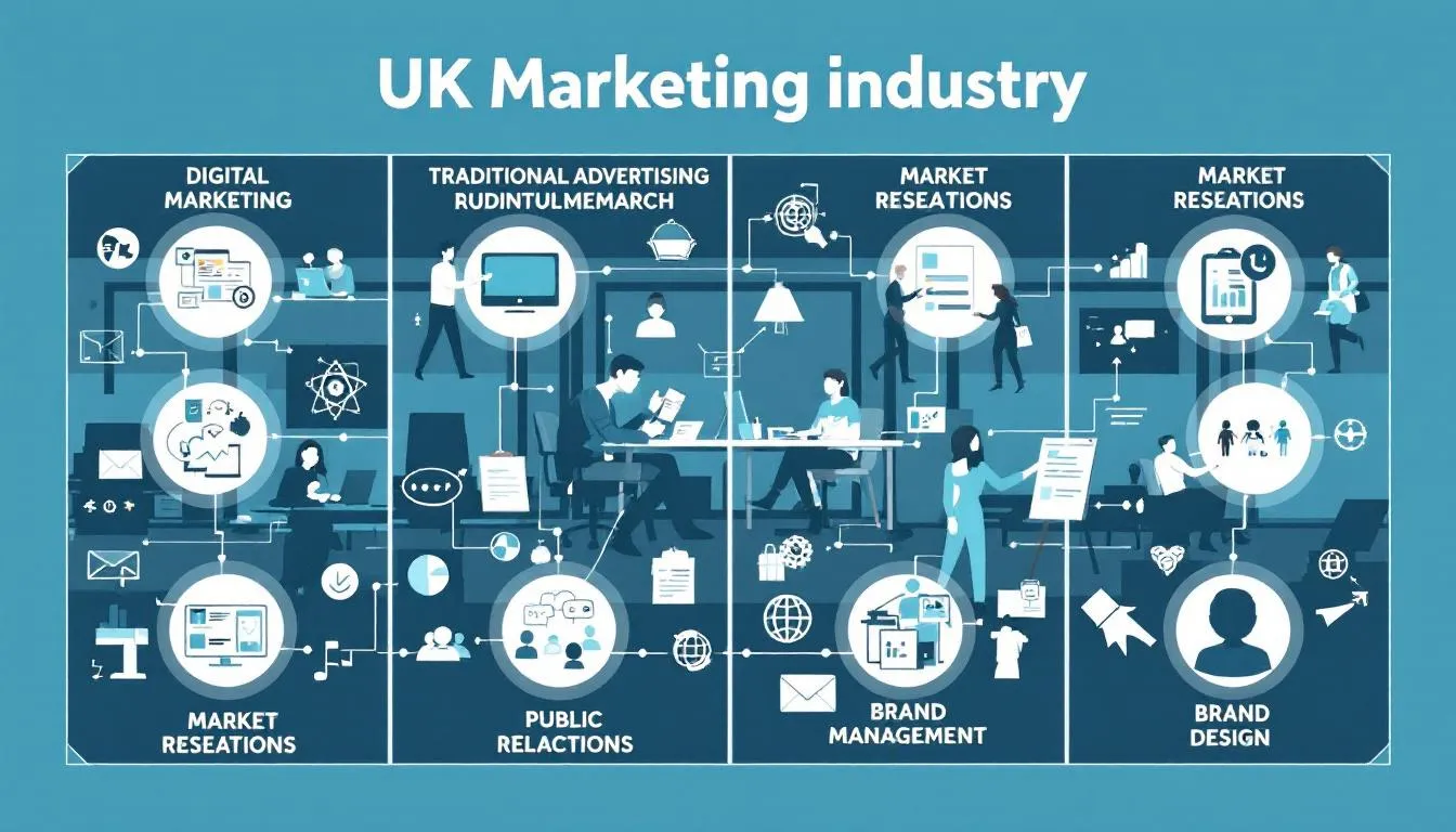 The image presents an overview of the UK marketing industry, highlighting various aspects such as digital marketing, influencer marketing, and the role of marketing agencies. It features elements related to creative campaigns, brand strategy, and the integration of traditional and digital marketing methods, showcasing the diverse landscape of advertising and marketing services in the UK.