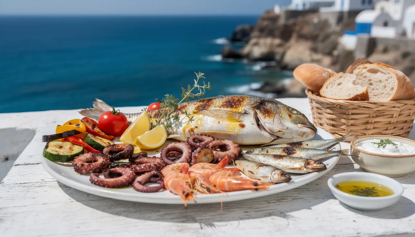 A fresh Greek seafood platter featuring grilled fish and colorful vegetables is beautifully arranged on a table, with a stunning view of the Aegean Sea in the background, embodying the essence of the Cyclades islands and their authentic Greek food. The scene captures the perfect blend of delicious cuisine and breathtaking coastal scenery, ideal for enjoying during a boat trip or while island hopping.