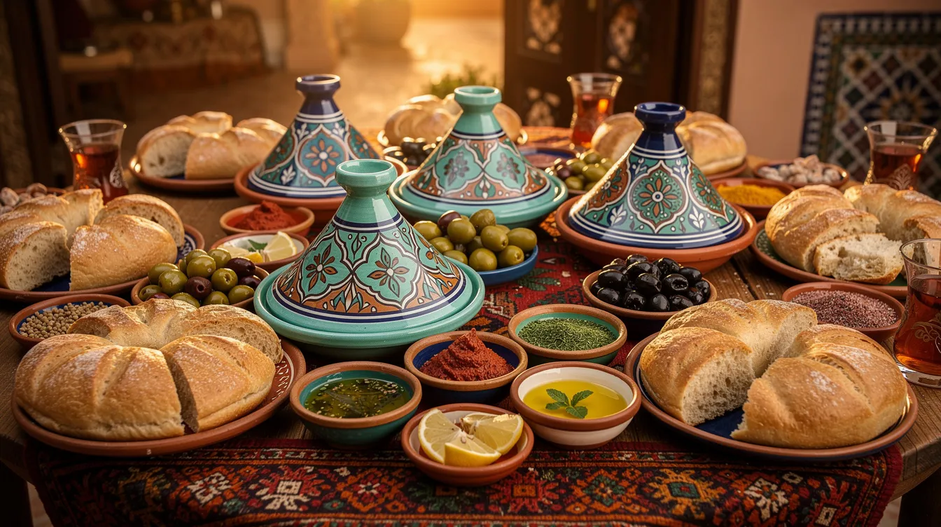 The image depicts a traditional Moroccan dining table adorned with vibrant tagine pots, fresh bread, and an assortment of small bowls filled with aromatic spices and condiments. This setup showcases the essence of Moroccan cuisine, inviting guests to enjoy a flavorful meal featuring dishes like lamb tagines and harira soup.