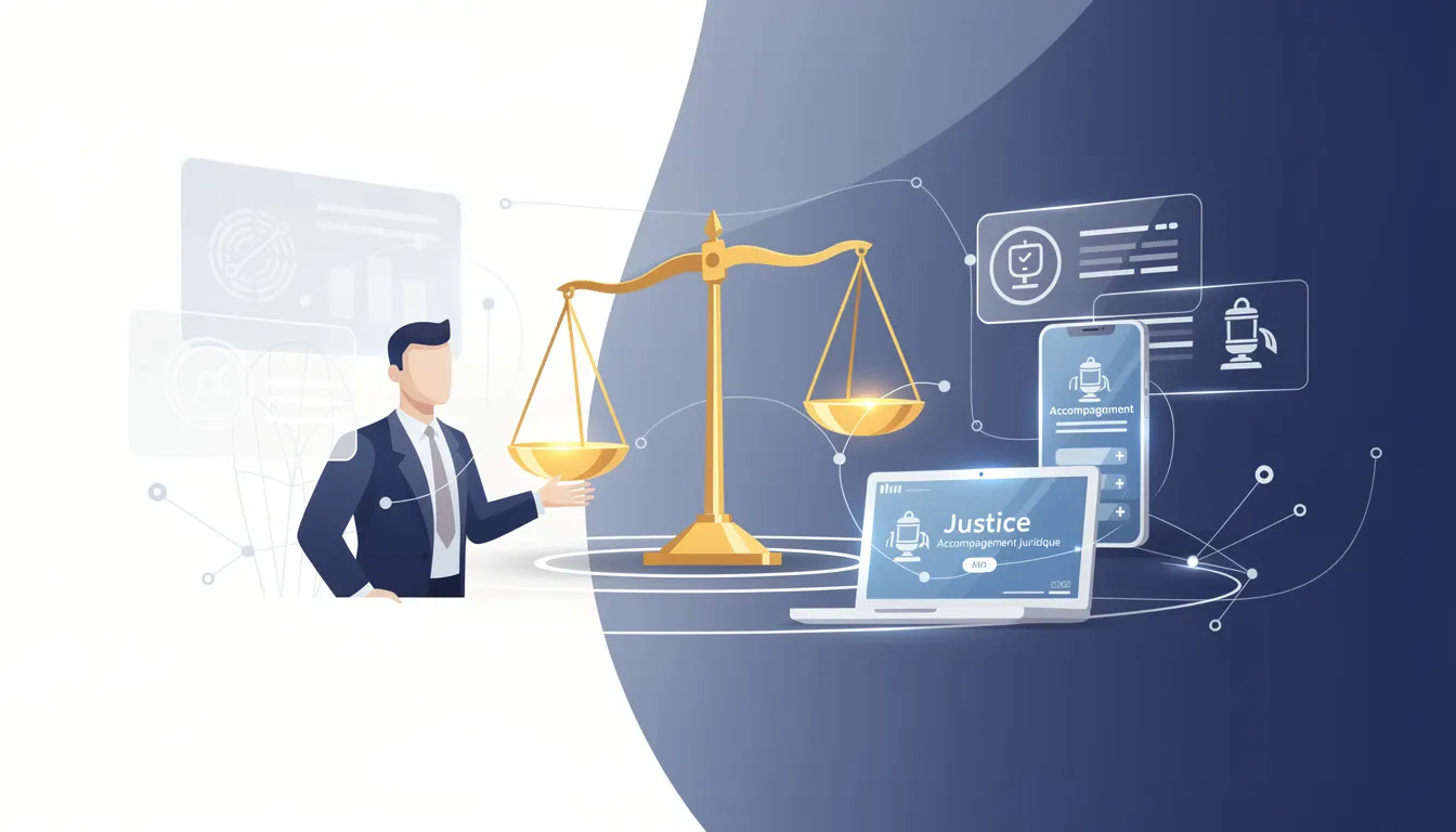 L'image représente une balance symbolisant la justice, entourée d'éléments numériques liés aux crypto actifs et aux cryptomonnaies. Cette illustration évoque l'importance de l'accompagnement juridique pour les investisseurs, en particulier face aux arnaques et à la fraude dans le domaine des marchés financiers.