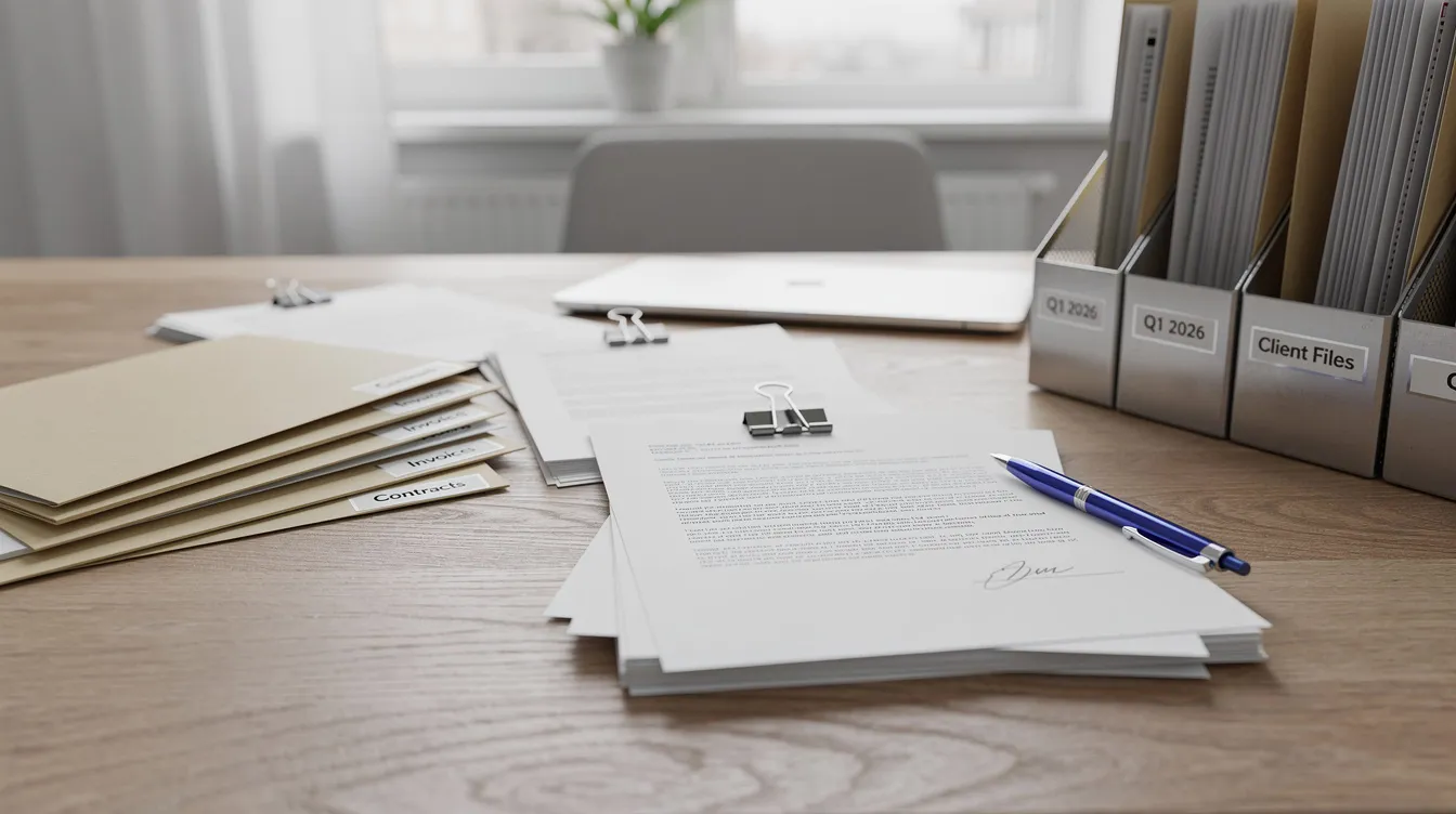 The image shows a collection of official documents and filing folders arranged neatly in an office setting, suggesting a workspace focused on tax preparation and compliance. These materials may relate to topics such as the employee retention credit, income tax returns, and other essential documentation for eligible employers and tax advisers.