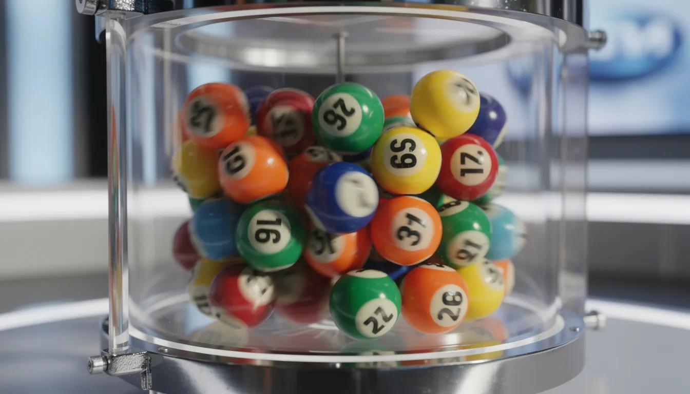 Färgglada lottobollar snurrar livligt i en transparent behållare, vilket skapar en spännande atmosfär kring lottodragningen. Denna bild fångar essensen av internationella lotterier och den glädje som spelare hos Thelotter Sverige kan uppleva.