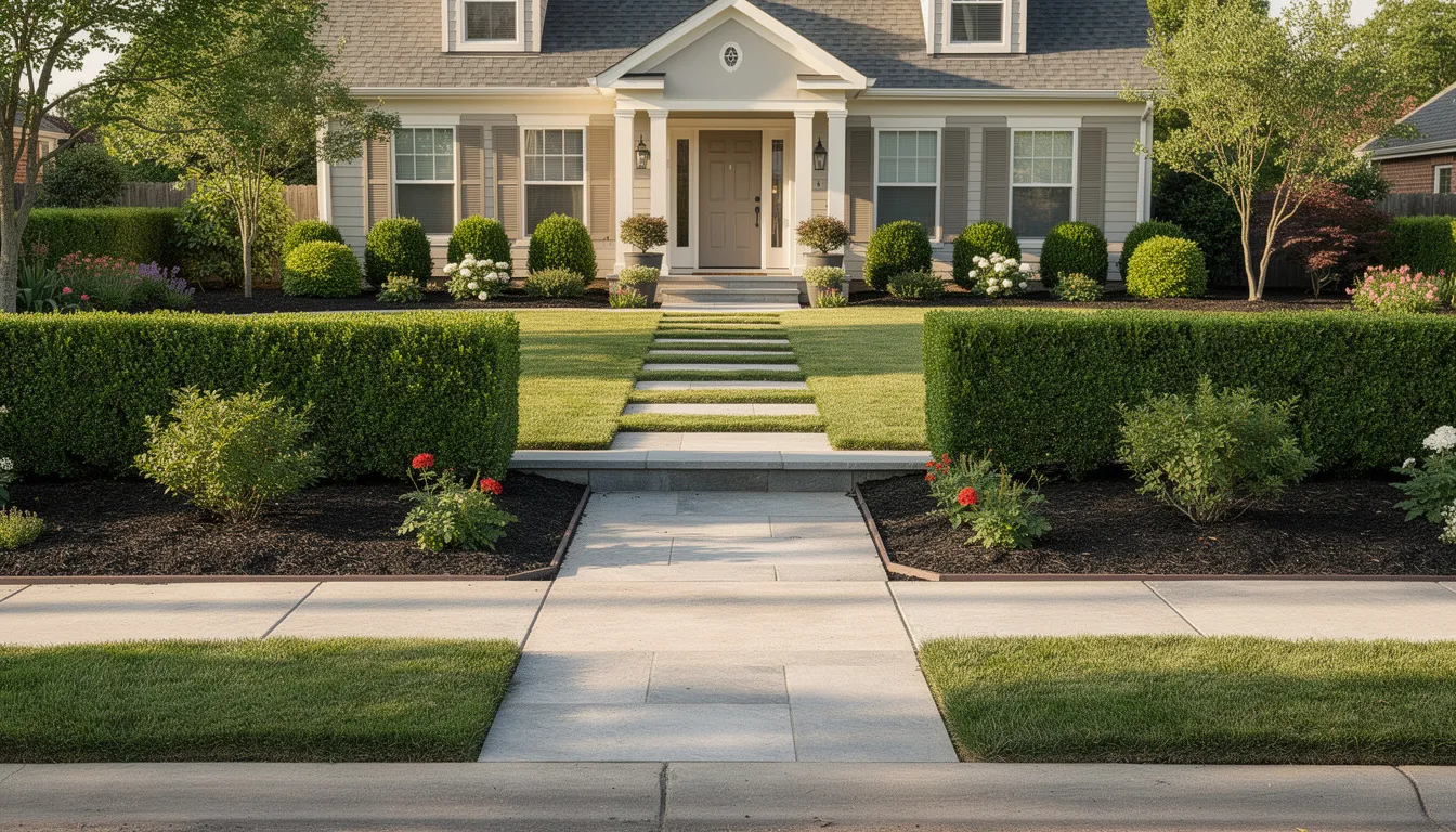 The image depicts a neatly organized yard featuring trimmed hedges and a clear lawn, showcasing the results of professional yard waste removal and cleanup. The area is free of debris such as grass clippings, branches, and leaves, highlighting effective waste management for residents in Connecticut.