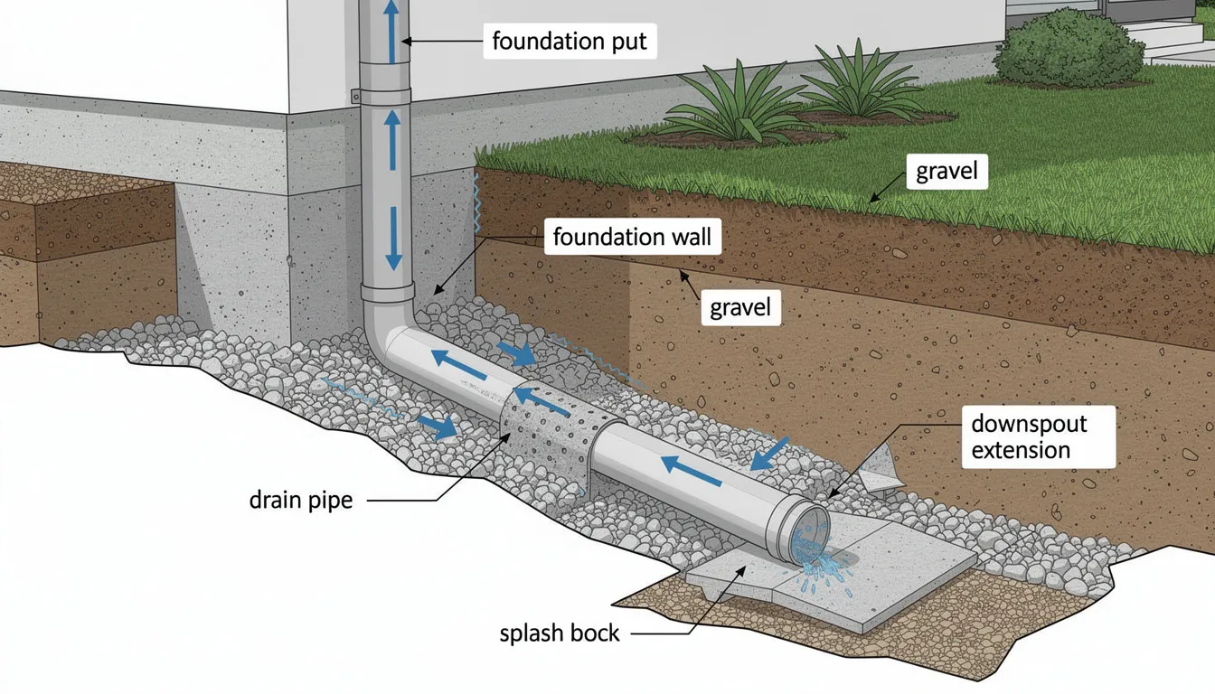 The image depicts a well-structured drainage system installed around a residential foundation, featuring gravel and downspout extensions to effectively direct excess water away from the building. This setup helps prevent moisture accumulation, which can lead to efflorescence on basement walls and other masonry surfaces.