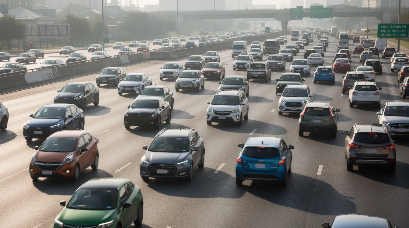 The image depicts a busy highway filled with cars, with traffic congestion visible in the background. This scene reflects the complexities and challenges of navigating the legal landscape, much like how individuals may face legal issues that require seeking legal assistance or hiring a qualified attorney for effective representation.