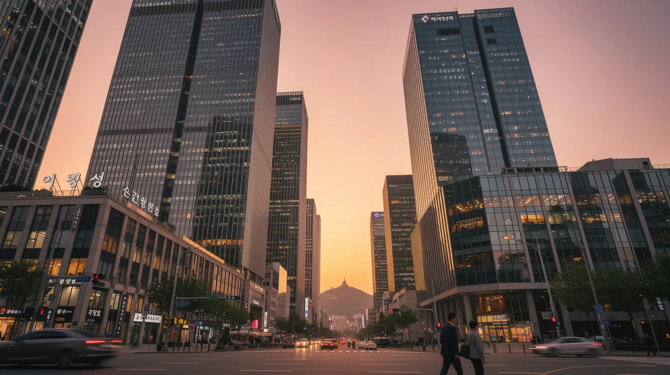 The image depicts modern glass skyscrapers in the bustling business district of Seoul, South Korea, illuminated by the warm hues of sunset. This vibrant cityscape reflects the dynamic presence of companies like CJ Group, a global lifestyle company, showcasing the blend of innovative architecture and corporate growth in the area.