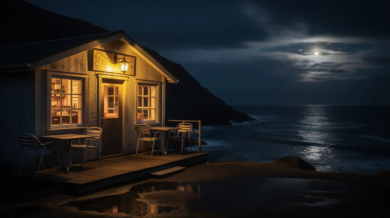 The image depicts a warm and inviting small cafe glowing softly at night, situated near a dark coastline that hints at the edge of the world. This serene setting evokes a sense of self-discovery and inspiration, reminiscent of the themes found in John Strelecky’s writings about life-changing events and personal development.
