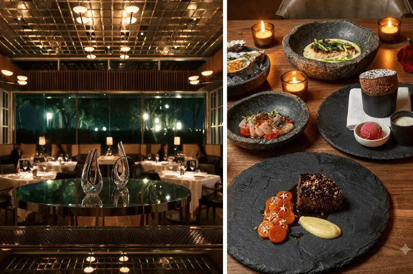A split image showing a sophisticated, dimly lit restaurant interior with reflective ceilings on the left, and a spread of fine dining dishes including steak, oysters, and a chocolate soufflé on the right.