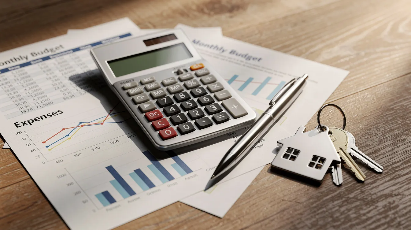 A calculator, pen, and a set of house keys are placed on a wooden table beside various financial documents, suggesting a focus on investment property financing and the management of rental income. The scene reflects the considerations real estate investors must take into account when evaluating property loans and mortgage payments.