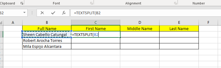 Insert names to separate cells that have middle names