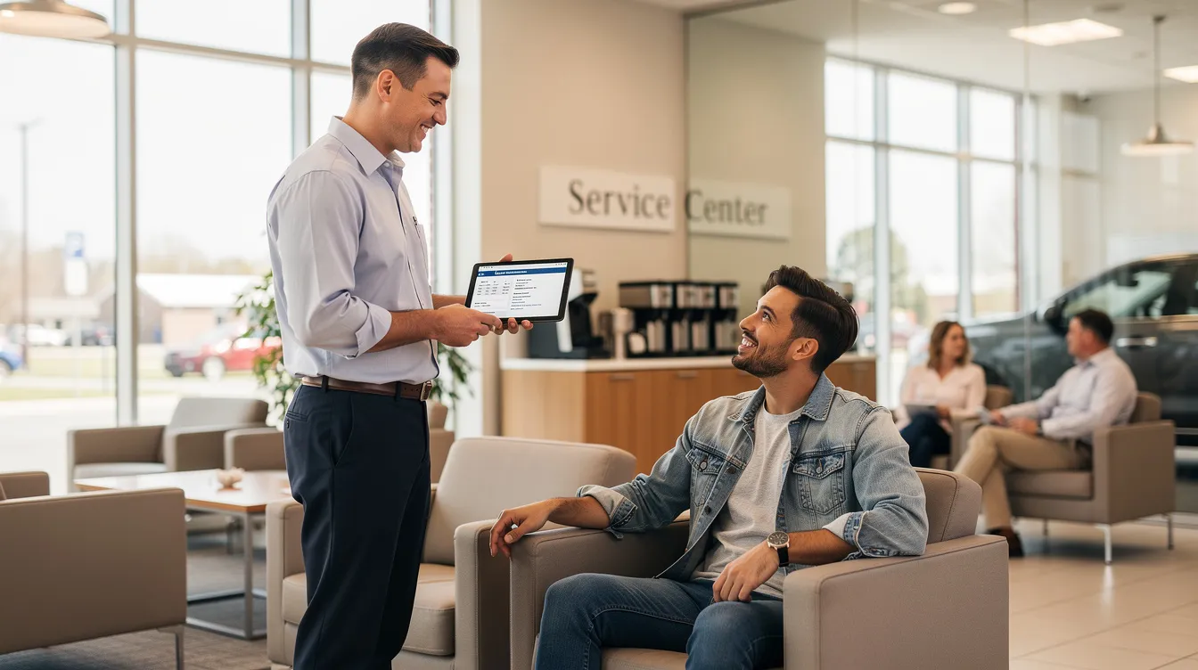 A service advisor is engaged in a conversation with a customer about BMW repair details in a clean and organized waiting area, showcasing a professional environment for BMW owners and enthusiasts. The atmosphere reflects a passion for maintaining and enhancing vehicle performance, ensuring customers feel supported in their automotive needs.