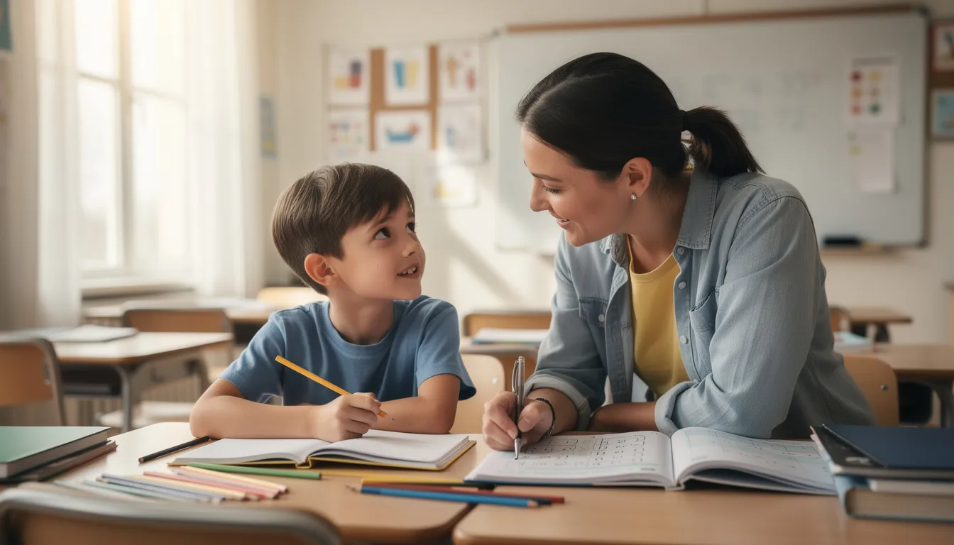 Ein Kind sitzt an einem Tisch in einem Klassenzimmer und wird von seiner Nachhilfelehrkraft betreut. Die beiden arbeiten gemeinsam an Aufgaben, um den Schulstoff besser zu verstehen und Lernschwierigkeiten zu überwinden.