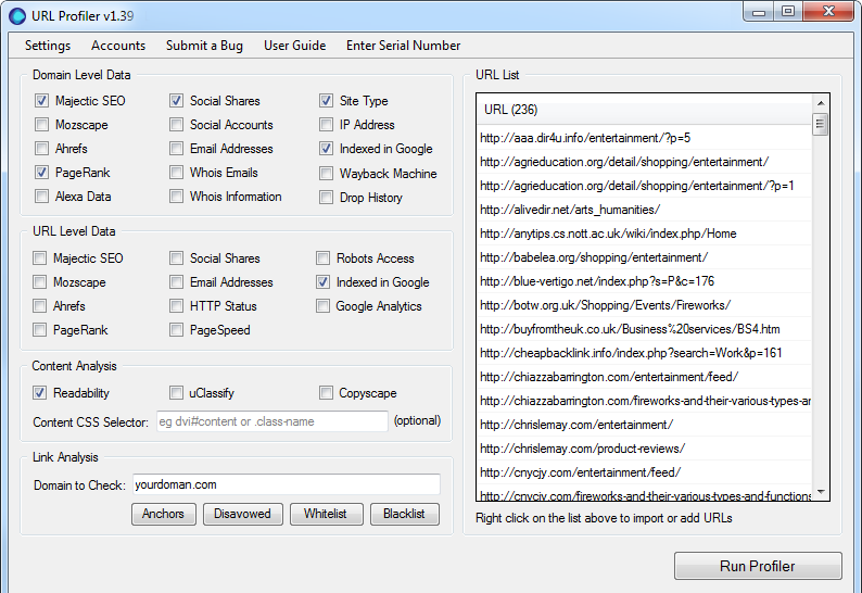 URL Profiler Interface