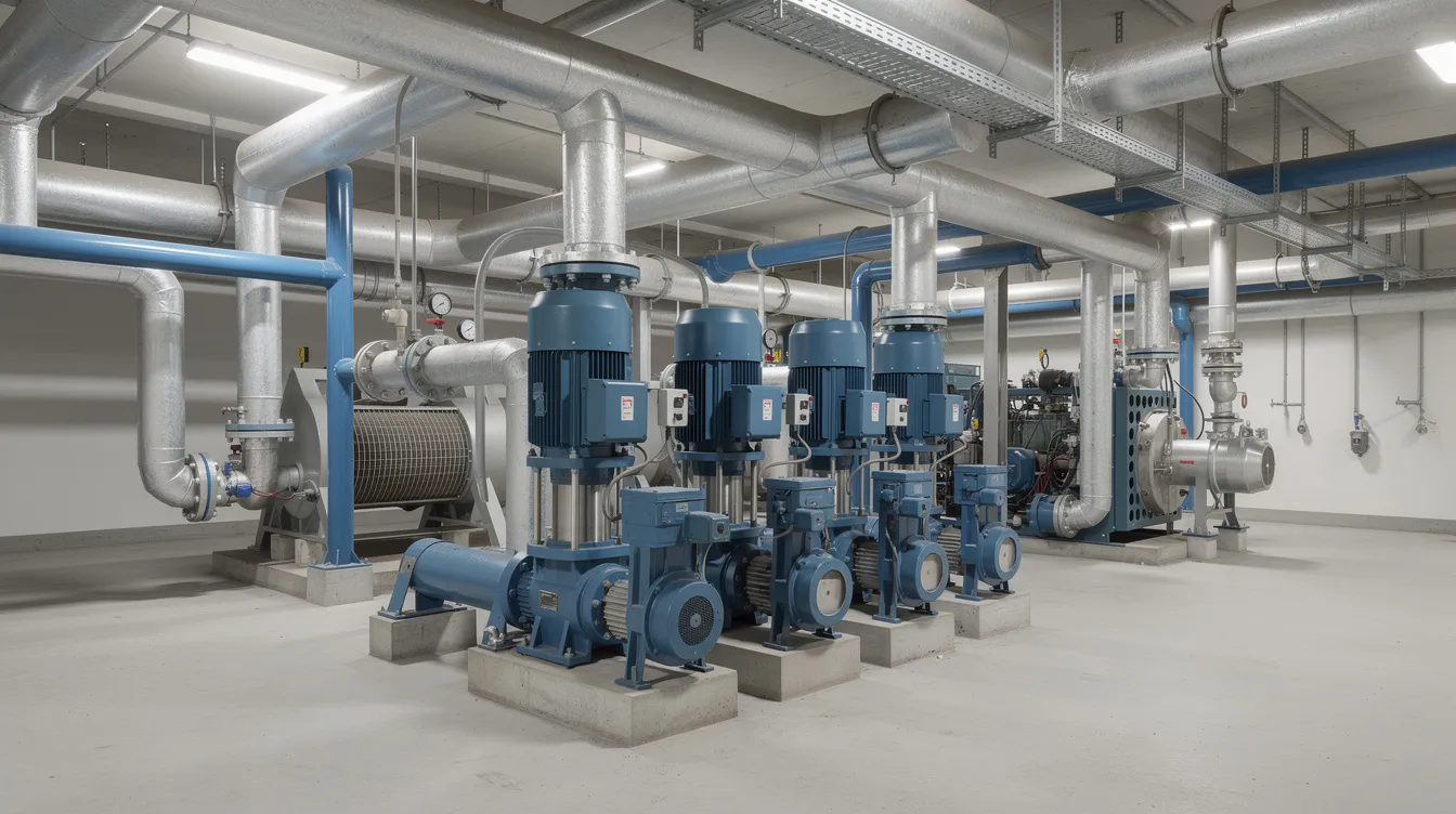 The image depicts a complex arrangement of cooling water system piping, showcasing various components such as cooling towers and heat exchangers in a realistic industrial setting. The intricate network of pipes is designed for efficient heat transfer and energy efficiency, essential for managing heat loads in large power plants and industrial processes.