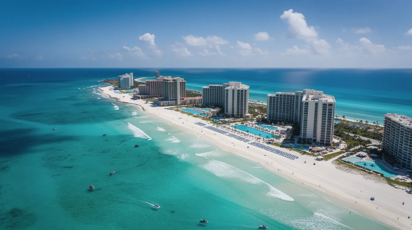 An aerial view showcases the stunning turquoise waters of the Caribbean Sea meeting the white sand beaches along Cancun's hotel zone, dotted with high-rise hotels. This beautiful scene highlights the natural beauty of the area, making it a perfect destination for a Cancun vacation filled with adventure parks and beach clubs.