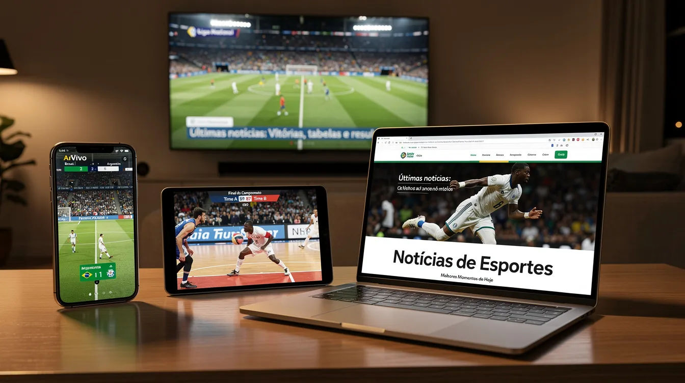 Imagem de vários dispositivos eletrônicos, incluindo smartphone, tablet, laptop e televisão, todos exibindo simultaneamente conteúdos esportivos relacionados à Copa do Mundo, como o jogo entre Brasil e Marrocos. A cena captura a emoção dos torcedores acompanhando a competição em diferentes telas.