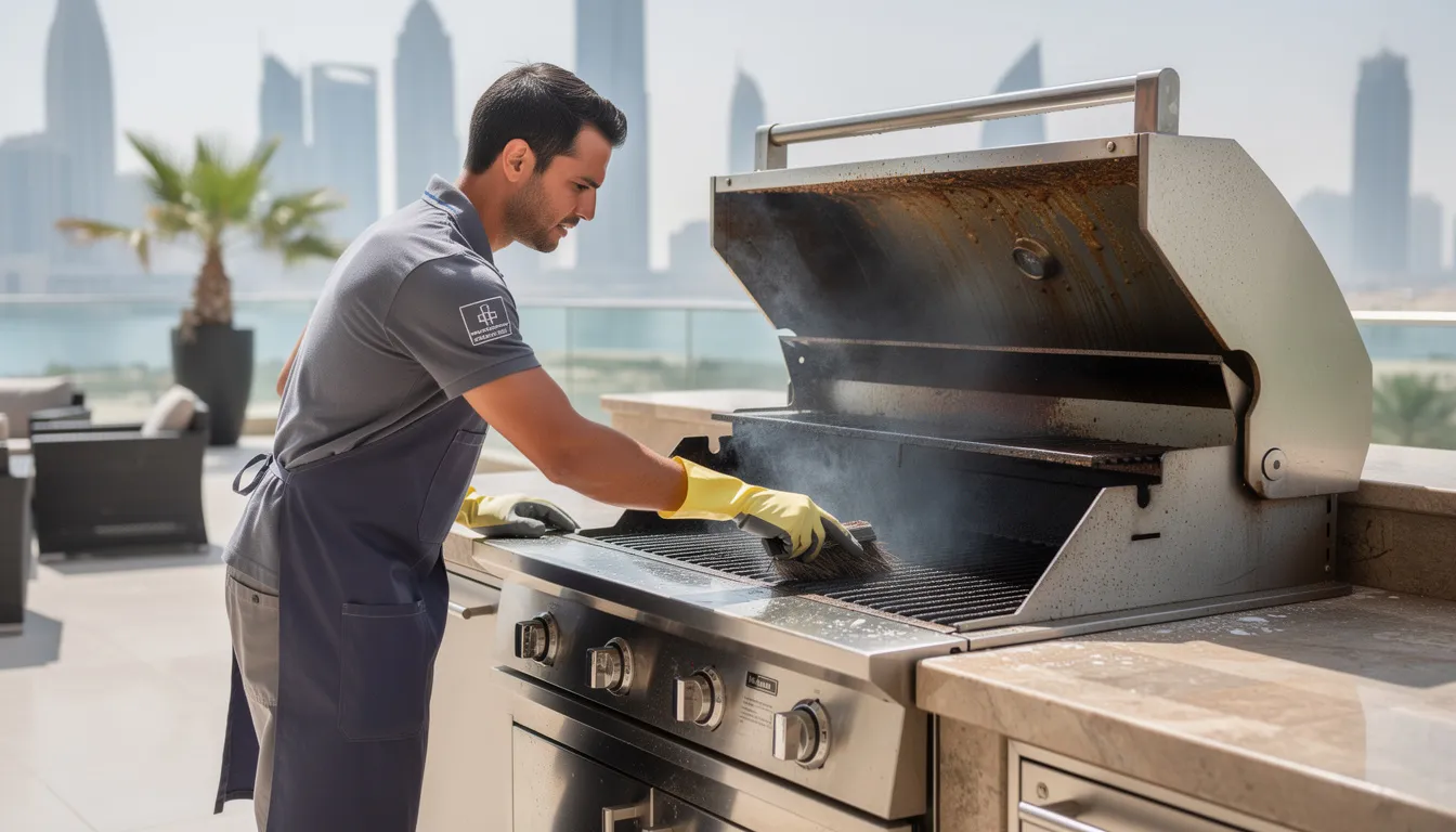 A professional cleaner is scrubbing a stainless steel BBQ grill on a sunny villa terrace in Dubai, showcasing the importance of regular BBQ cleaning services to maintain a clean grill and ensure customer satisfaction. The scene highlights the use of eco-friendly cleaning solutions and the expertise of experienced technicians in providing hassle-free service.