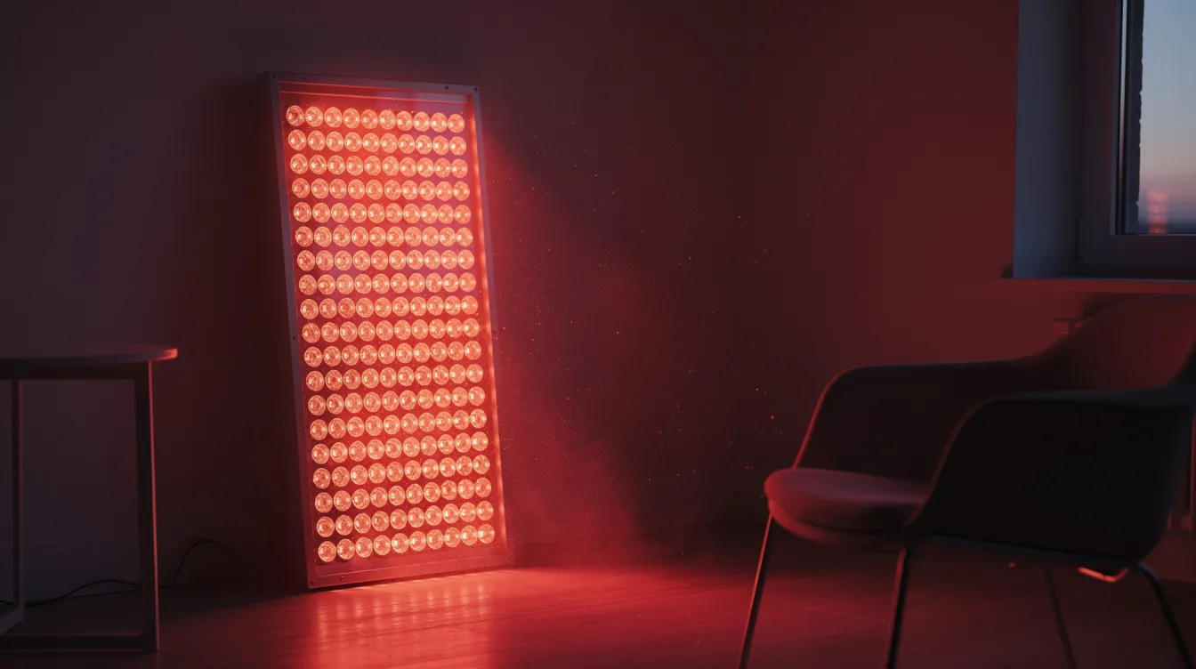 A red light therapy panel emits a warm glow in a dimly lit room at dawn, symbolizing a commitment to enhancing mental and physical health. This light exposure can support brain health and improve sleep quality, aligning with Andrew Huberman&rsquo;s longevity protocol for overall well-being.