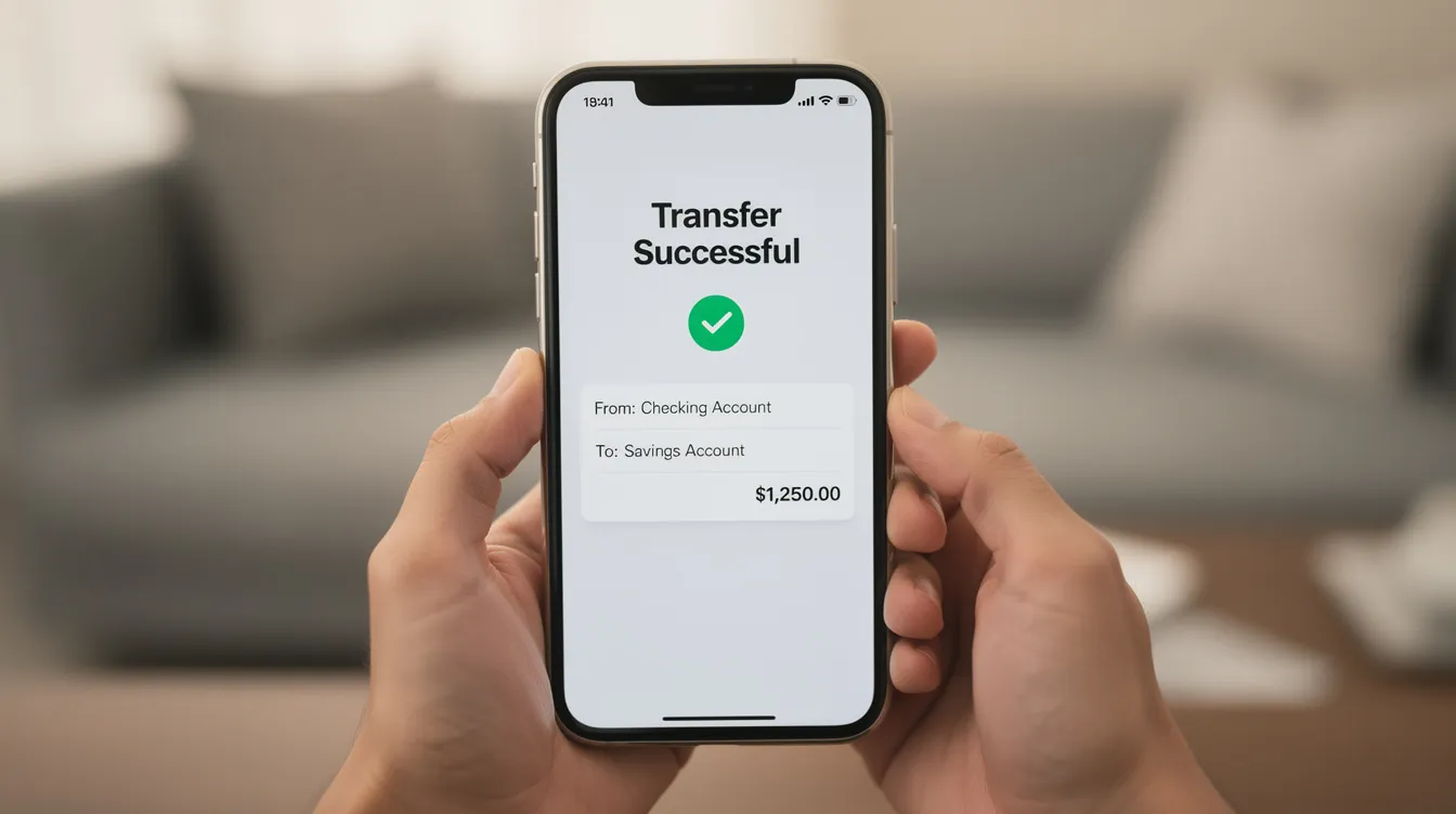 A pair of hands is holding a smartphone displaying a banking app with a transfer confirmation screen, indicating a successful mobile wallet transaction. This image highlights the convenience of sending money to Rwanda through mobile money services, ensuring secure and efficient transfers.