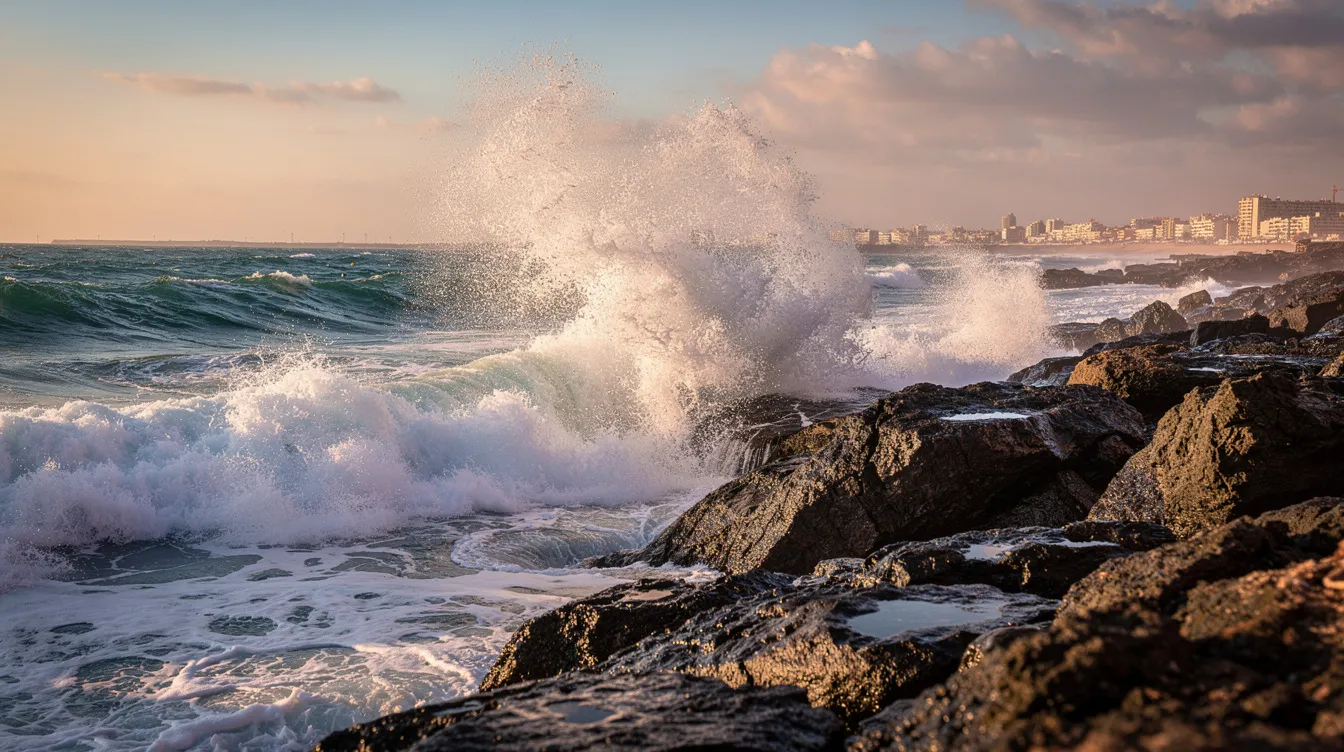 The image depicts the rugged Atlantic coastline of Casablanca, where powerful waves crash against the rocky shore, showcasing the city's connection to the ocean. This scene reflects the mild temperatures and sunny weather typical of Casablanca's Mediterranean climate, making it an appealing destination for visitors seeking to enjoy the warm summers and beautiful coastal views.