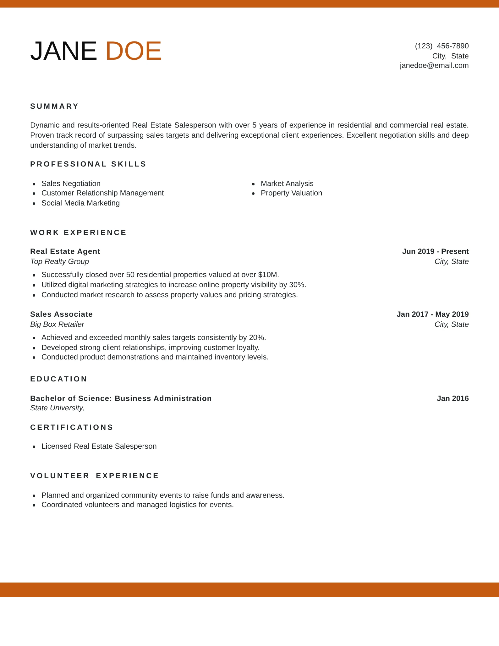 A clean and modern real estate salesperson resume featuring the name “Jane Doe” at the top left with an orange accent bar. The right side displays contact information. The main sections include a professional summary, a list of skills, work experience with detailed bullet points, education, certifications, and volunteer experience. The layout is minimal, well-organized, and uses black and orange text on a white background.