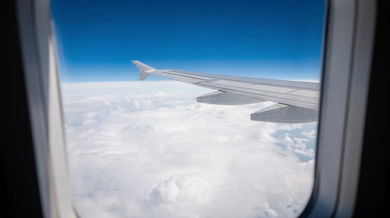 The image shows an airplane wing viewed through a window, with fluffy white clouds visible below. This scene captures a moment of travel, which can sometimes disrupt sleep patterns and affect athletic performance, particularly for those adjusting to new time zones.