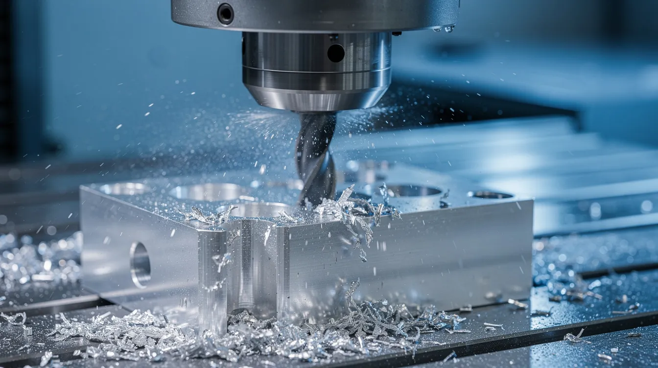 A close-up view of a CNC milling machine precisely cutting an aluminum block, with a visible coolant spray enhancing the machining process. This advanced technology plays a crucial role in the manufacturing industry, ensuring high-quality components with extremely tight tolerances.