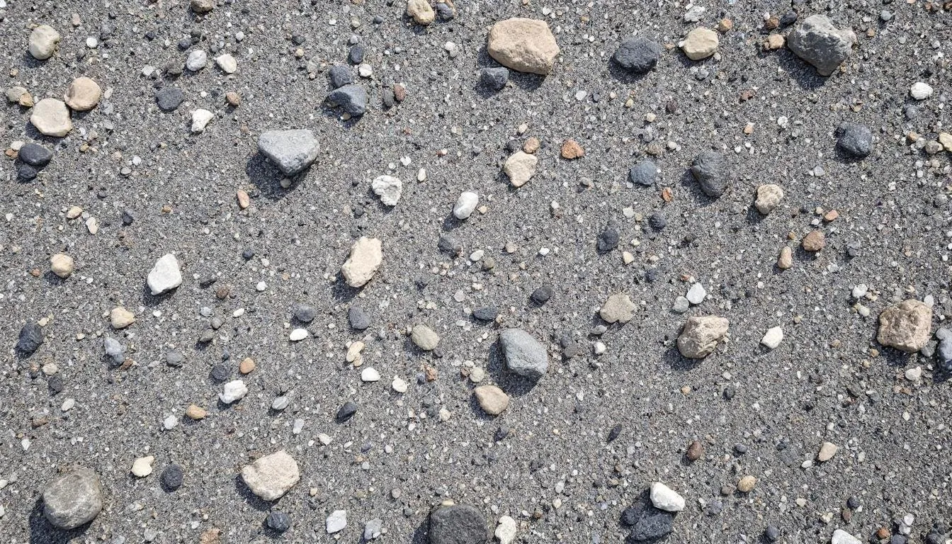 A close-up view of an exposed aggregate concrete surface reveals a variety of colored stones and pebbles, showcasing the unique blend and aesthetic appeal of this decorative concrete solution. The smooth finish and natural beauty of the aggregate create visual interest, making it an ideal choice for outdoor spaces such as driveways and patios.