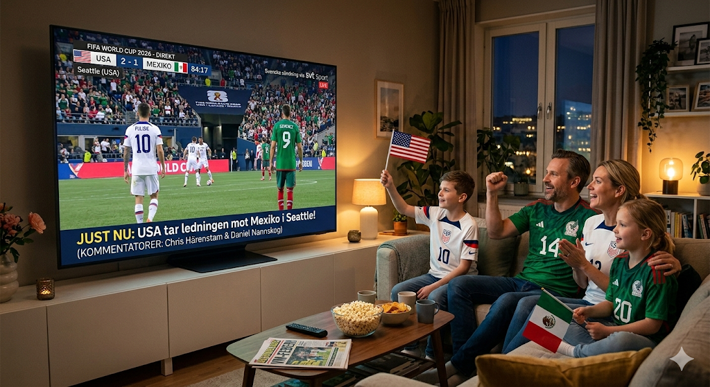 Familj tittar på match i Fotbolls VM 2026 på TV när USA möter Mexiko i världsmästerskapet i fotboll
