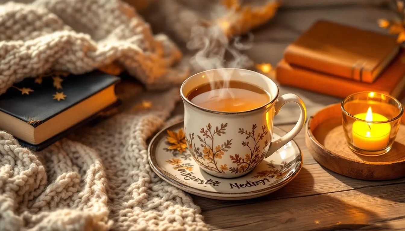 A warm mug of tea surrounded by cozy items, perfect for a winter night.